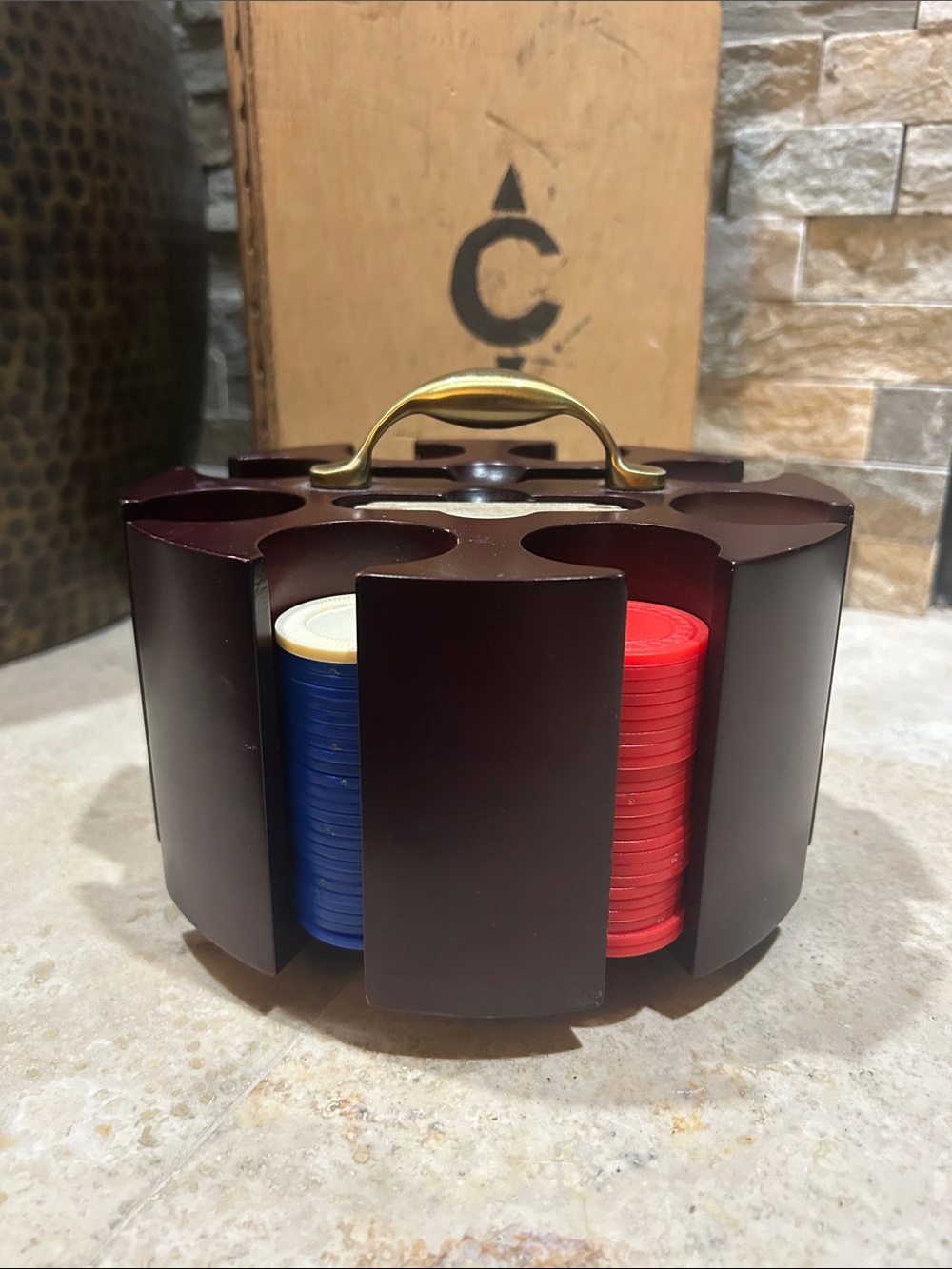vintage wooden rotating poker chip carousel and card caddy
